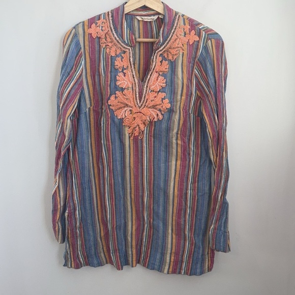 Soft Surroundings Turin Tunic Lightweight Gauze Multicolor Striped Beaded SZ S - Picture 2 of 6